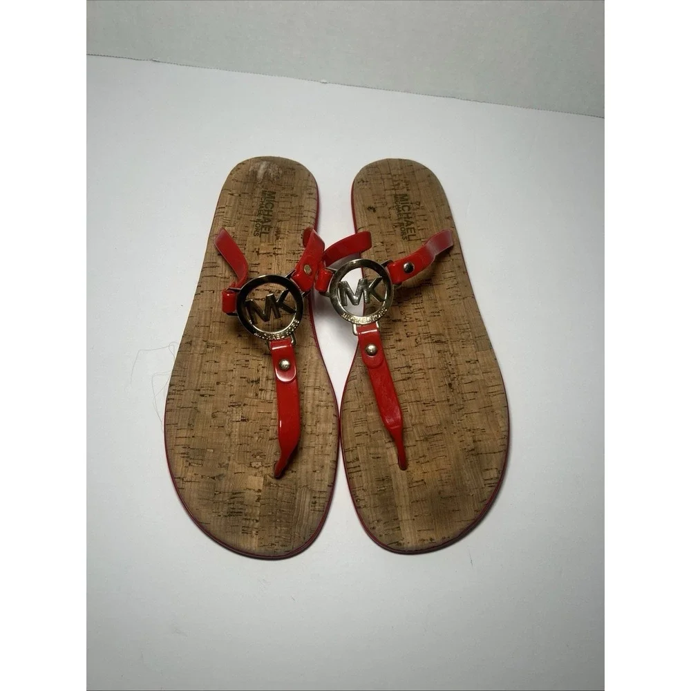 Michael Kors‎ Charm Jelly Women Thong Sandals Red Gold MK Logo Cork PVC Sz 11